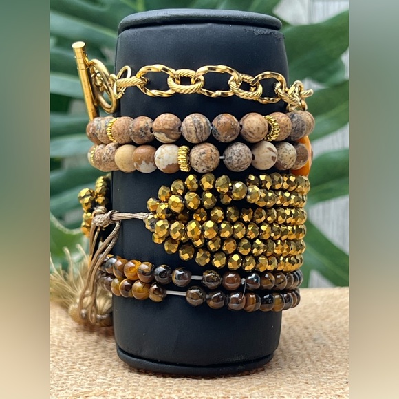 Boho Chic Brown & Gold Stacked Bracelet Set - Stylish Flirty Bracelets Set - Picture 5 of 16